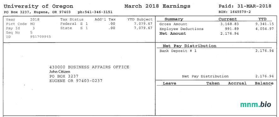 Szablon odcinka wypłaty z USA UNIVERSITY of Oregon w formatach Word i PDF